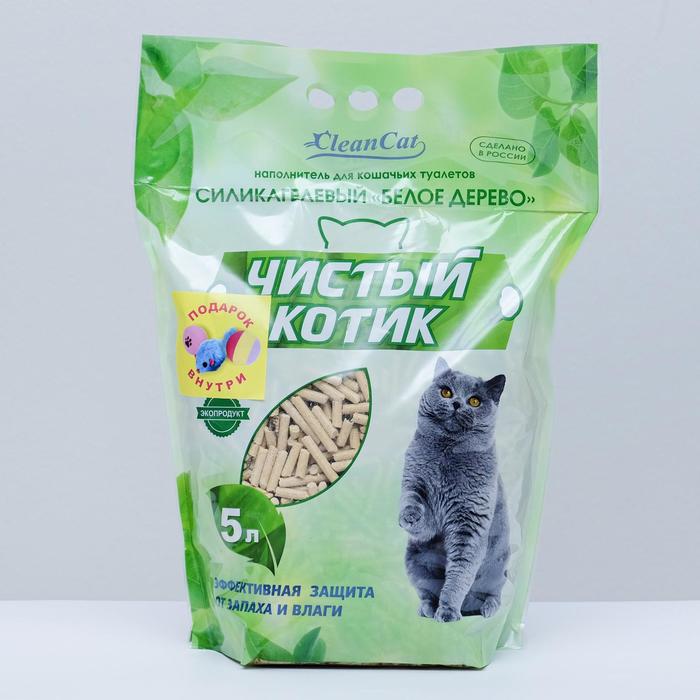 Наполнитель "Чистый котик" Древесный с Силикагелем Белое Дерево 5л