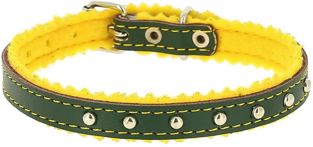 Ошейник кожаный с украшен. на синтепоне с бубенчиками 10мм*28см зеленый