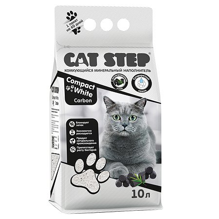 Наполнитель CAT STEP комкующийся минеральный Compact White Carbon, 10 л