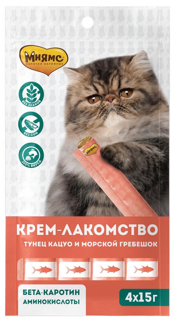 Мнямс Крем-лакомство для кошек с тунцом Кацуо и морским гребешком 15гх4шт