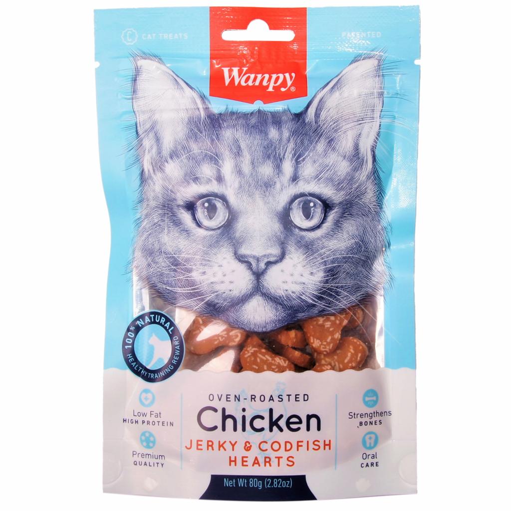 Wanpy Cat Лакомство для кошек сердечки из курицы с треской 80г