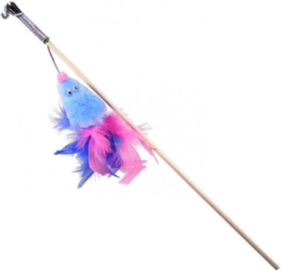 GoSi Дразнилка д/кошек Мышь с мятой голубой мех с хвостом перо пышное на веревке этикетка флажок