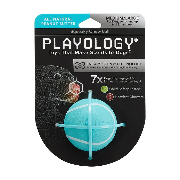 Playology хрустящий жевательный мяч SQUEAKY CHEW BALL 6 см с пищалкой и с ароматом арахиса, голубой 