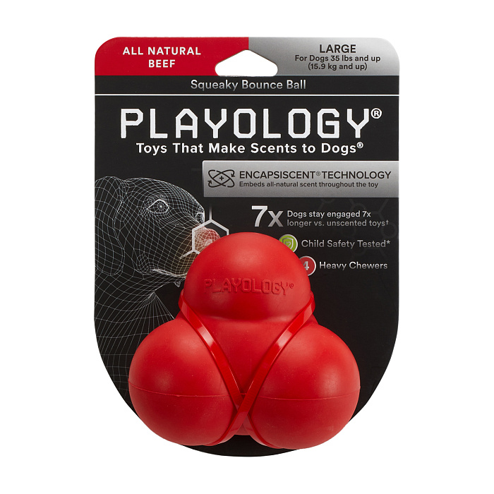 Playology хрустящий жевательный тройной мяч SQUEAKY BOUNCE BALL с пищалкой и с ароматом говядины, красный