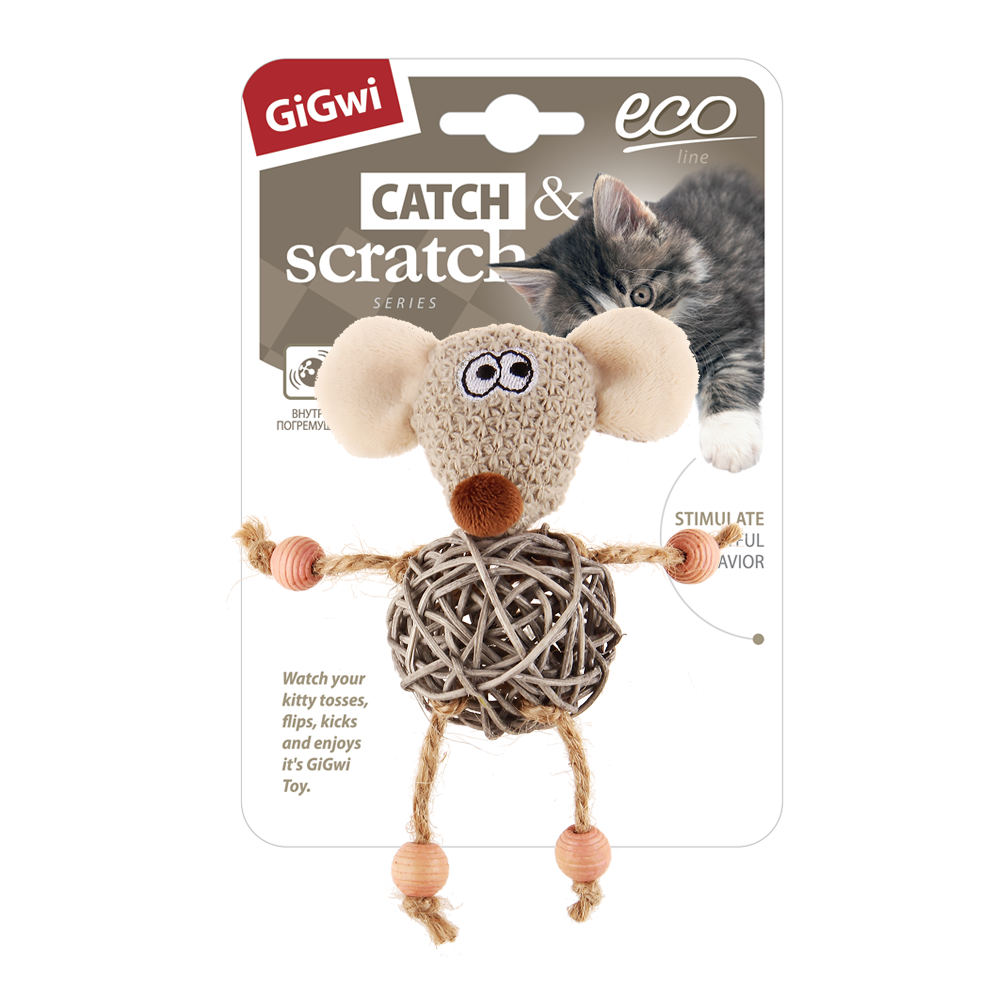 Игрушка для кошек Мышка с плетеным мячиком и колокольчиком 8см, серия CATCH & SCRATCH ECO
