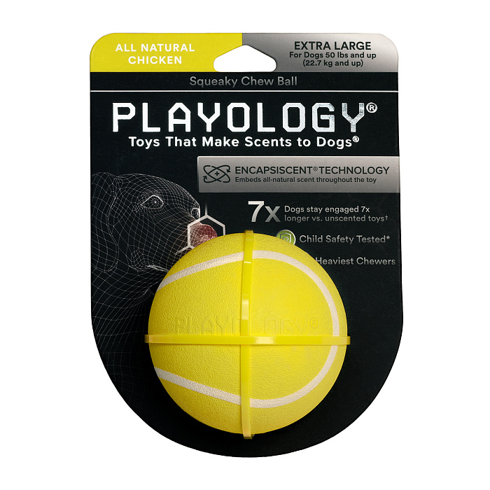 Playology хрустящий жевательный мяч SQUEAKY CHEW BALL 8 см с пищалкой и с ароматом курицы, желтый