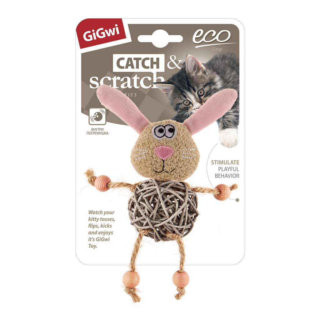 Игрушка для кошек Зайчик с плетеным мячиком и колокольчиком 8см, серия CATCH & SCRATCH ECO