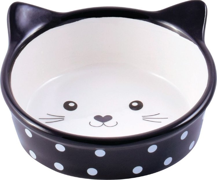 КерамикАрт миска керамическая для кошек 250мл Мордочка кошки черная в горошек