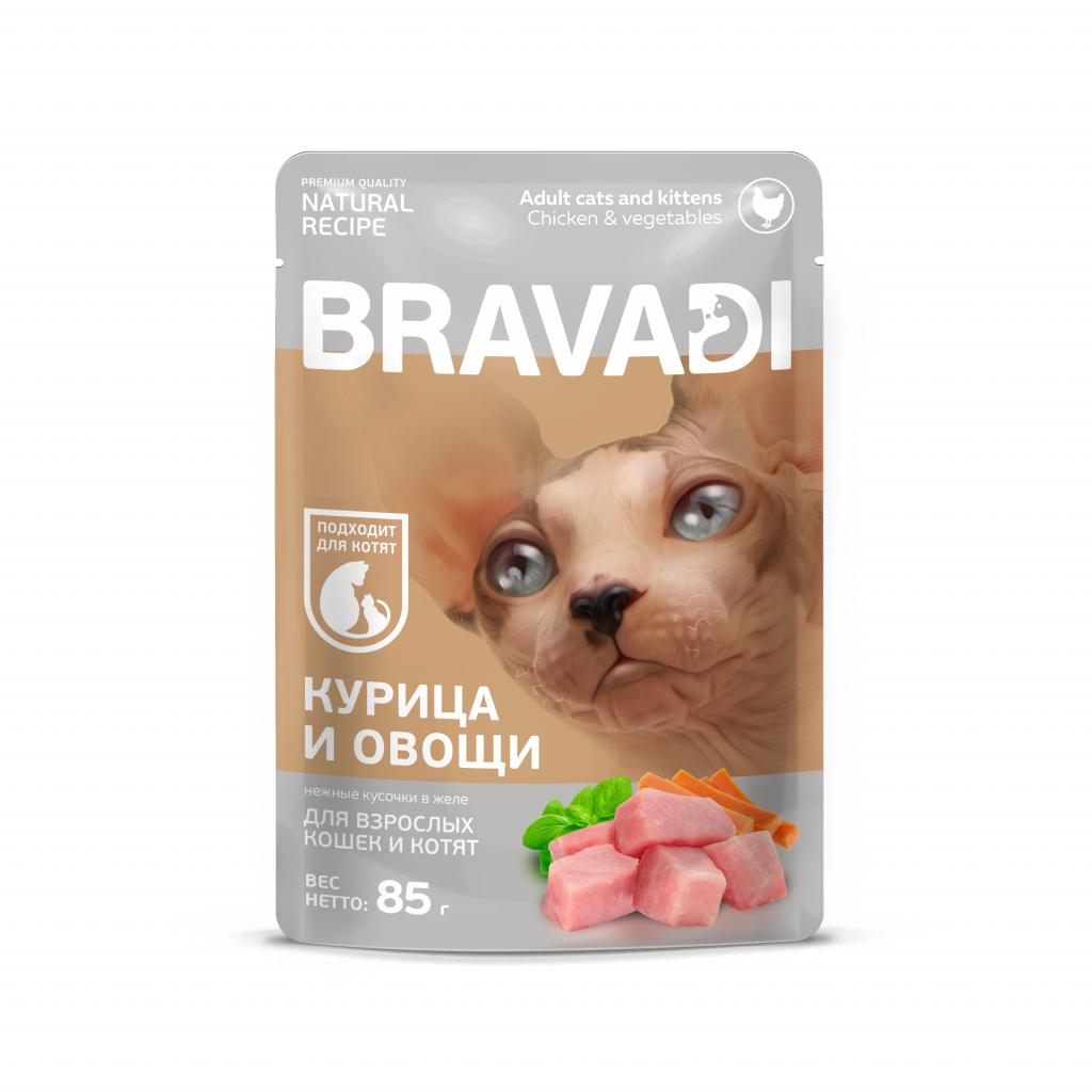 BRAVADI пауч нежные кусочки с курицей и овощами в желе для кошек и котят 85г