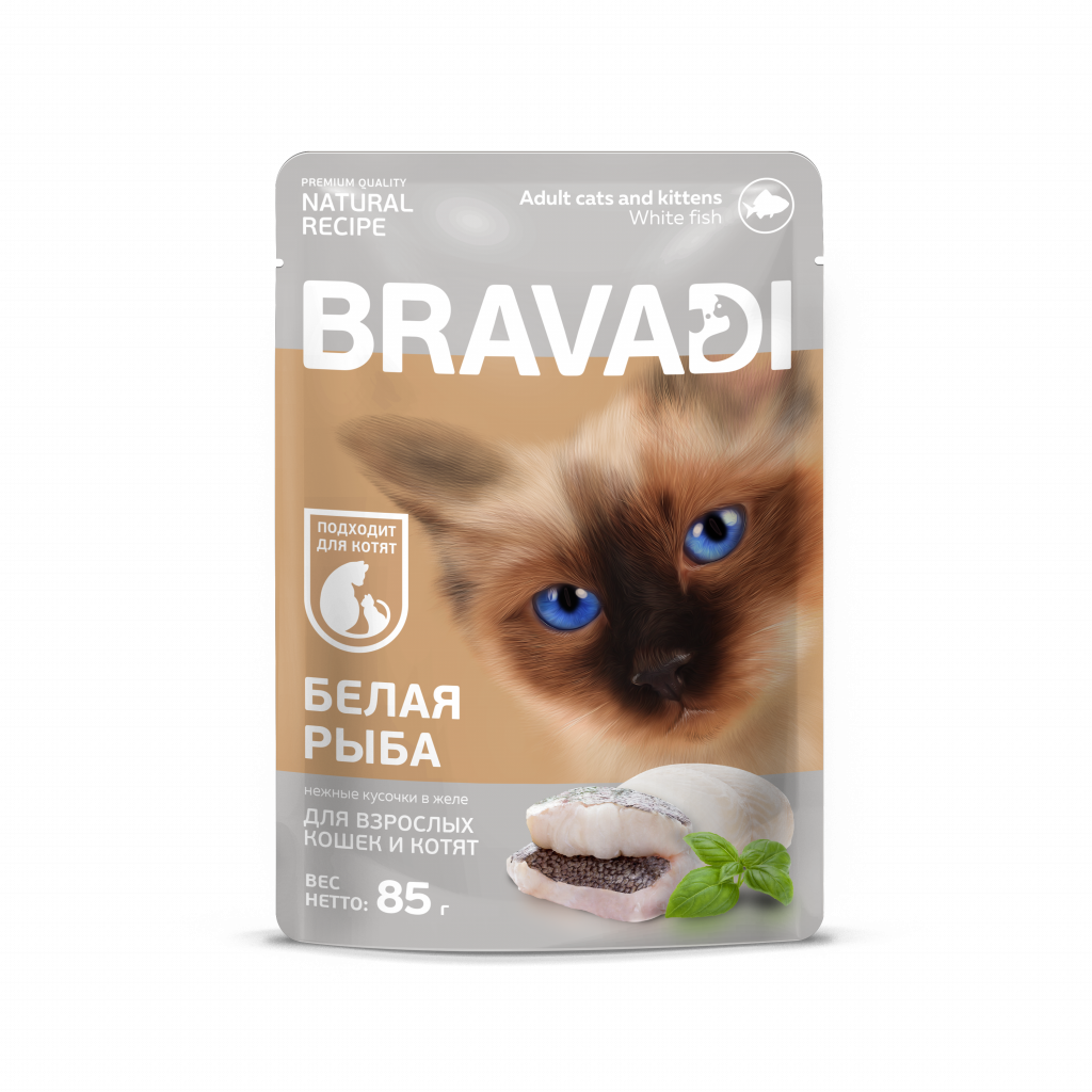 BRAVADI пауч нежные кусочки с белой рыбой в желе для кошек и котят 85г
