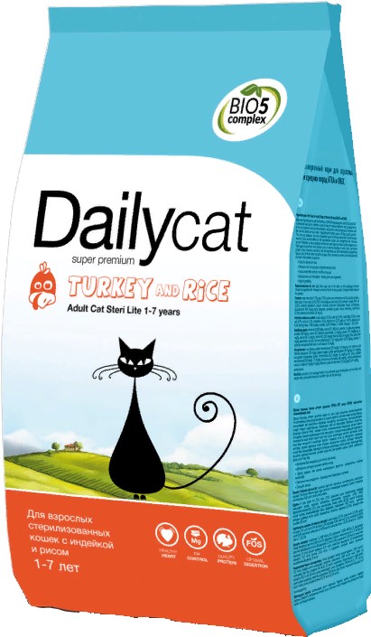 Dailycat ADULT Steri lite корм для взрослых стерилизованных кошек с индейкой и рисом