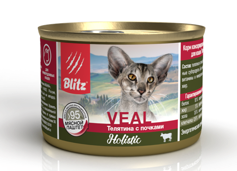BLITZ холистик консервы д/кошек телятина с почками мясной паштет 200г